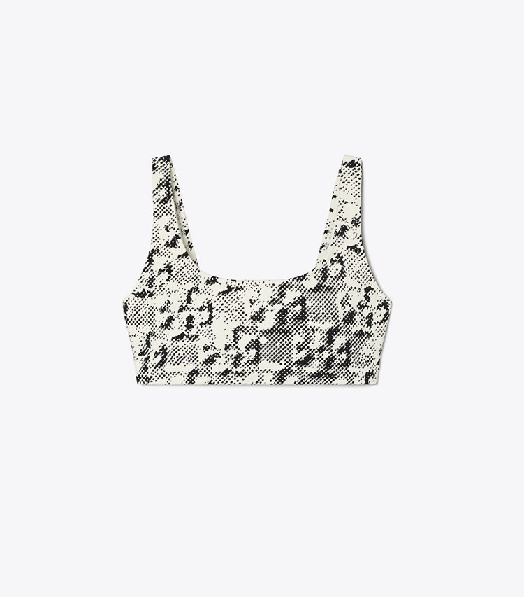Tory Sport designer sports bras Printed Scoop-Back Bra in New Ivory Distressed Pixelated Logo front