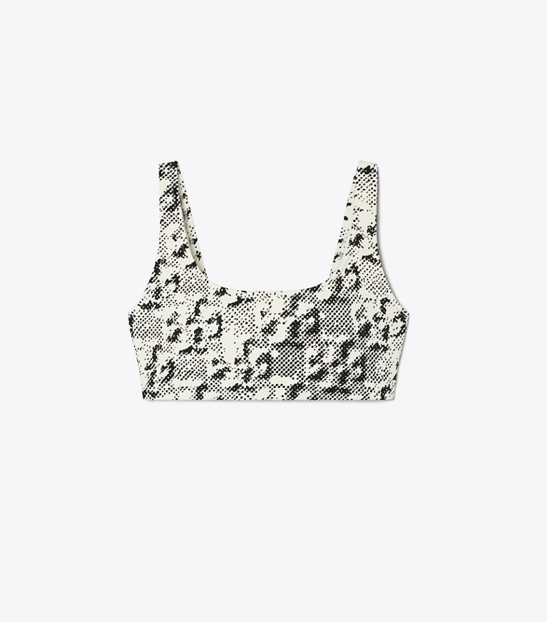 Tory Sport designer sports bras Printed Scoop-Back Bra in New Ivory Distressed Pixelated Logo front