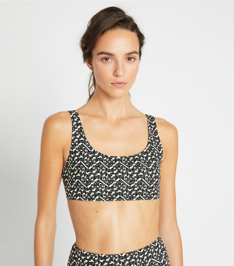 Tory Sport designer sports bras Printed Scoop-Back Bra in Mini Prismatic T Monogram front