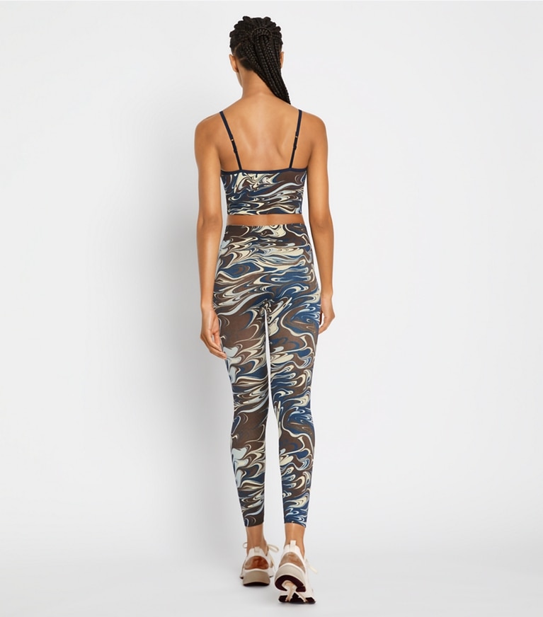 Tory Sport designer bottoms Printed Seamless 7/8 Legging in Dark Roast Marble Splash front