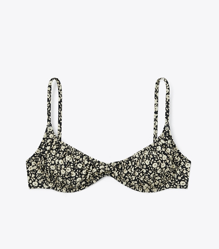 Tory Burch designer two pieces Printed Shirred Underwire Bikini Top in Black Tonal Ditsy front