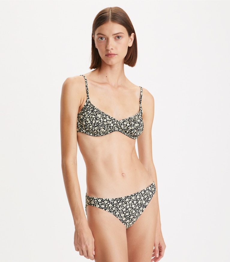 Tory Burch designer two pieces Printed Shirred Underwire Bikini Top in Black Tonal Ditsy front
