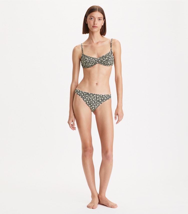 Tory Burch designer two pieces Printed Shirred Underwire Bikini Top in Black Tonal Ditsy on model front