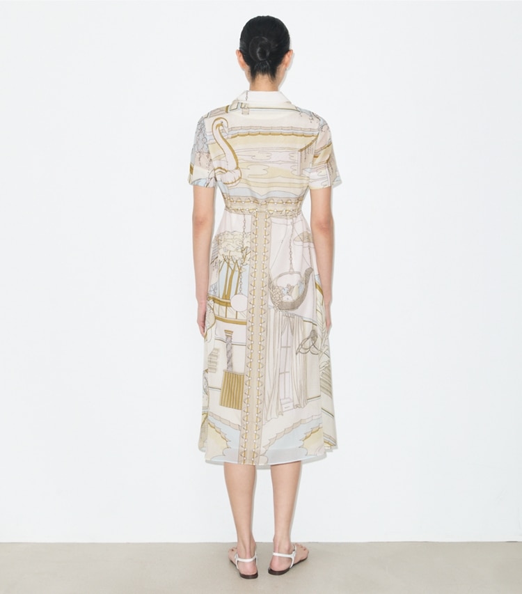 Tory Burch designer ワンピース プリント シャツドレス in Neutral Pool on model back