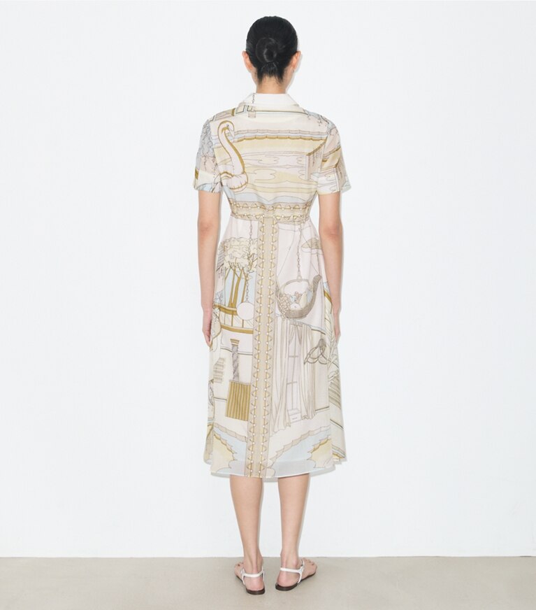 Tory Burch designer ワンピース プリント シャツドレス in Neutral Pool on model back