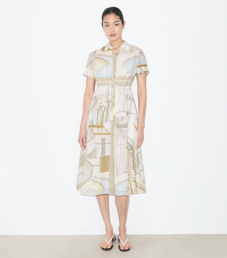 Tory Burch designer ワンピース プリント シャツドレス in Neutral Pool モデル前面