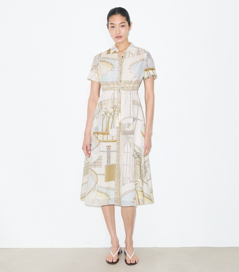 Tory Burch designer ワンピース プリント シャツドレス in Neutral Pool モデル前面