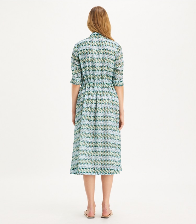 Tory Burch designer coverups Printed Shirtdress in Blue Glass Swan Allover on model back