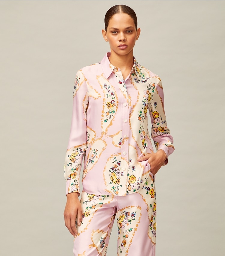 Tory Burch designer tops Printed Silk Blouse in Pink Porcelain Floral on model detail