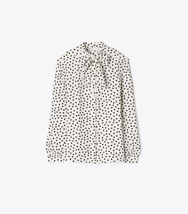 Tory Burch designer tops Printed Silk Bow Blouse in Cream Dot front