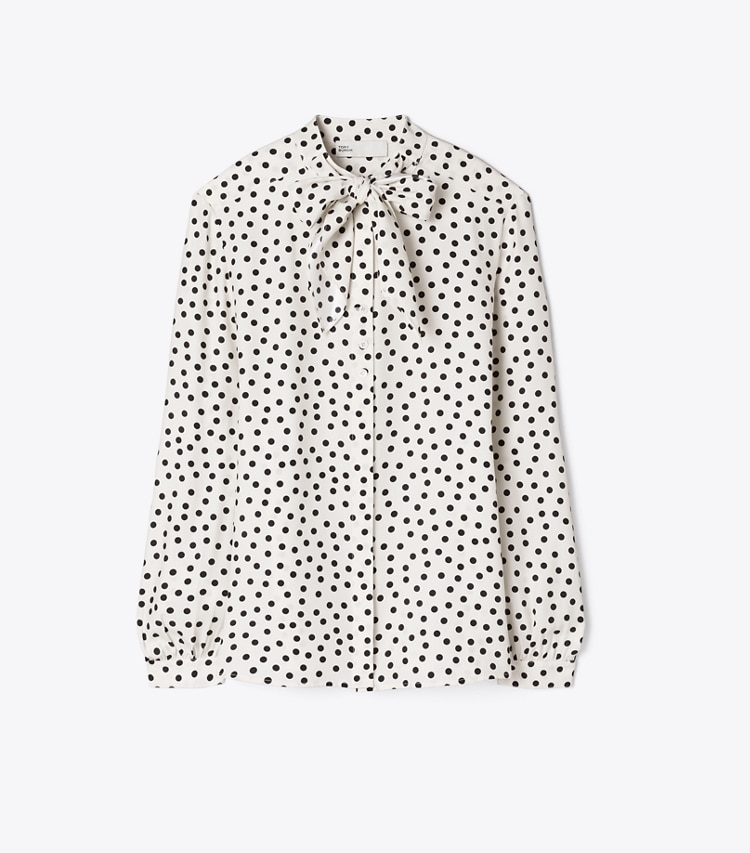 Tory Burch designer tops Printed Silk Bow Blouse in Cream Dot front