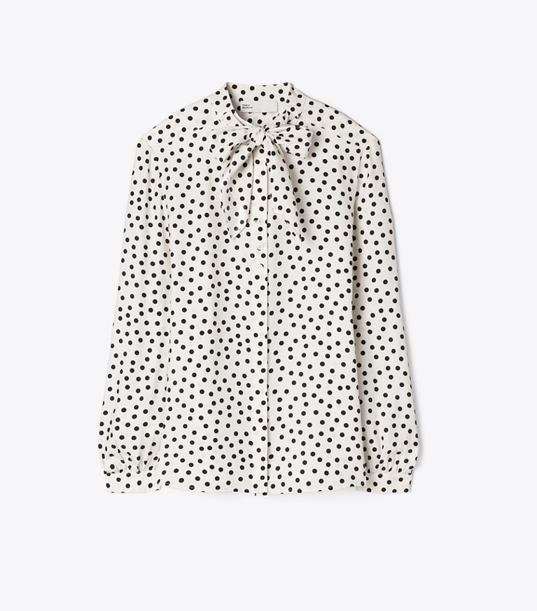 Tory Burch designer tops Printed Silk Bow Blouse in Cream Dot front