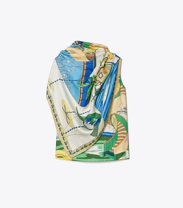 Tory Burch designer tops Printed Silk Cape Top in Green Pool front