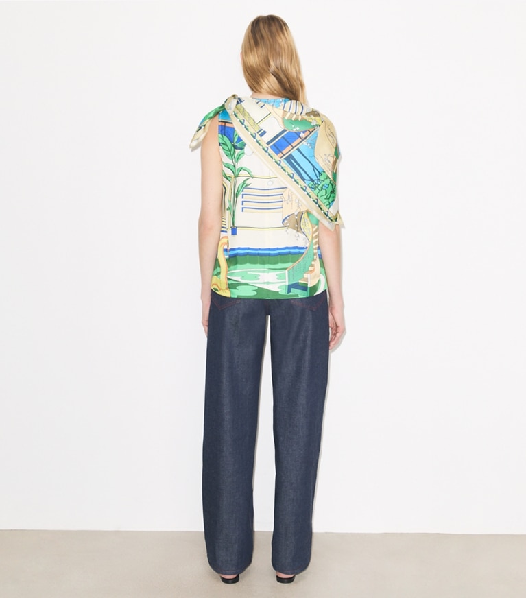 Tory Burch designer tops Printed Silk Cape Top in Green Pool on model back