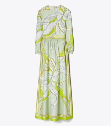 Tory Burch designer dresses Printed Silk Dress in Chartreuse Twisty Flower front