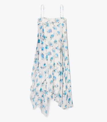 Tory Burch designer dresses Printed Silk Dress in Blue Roses front