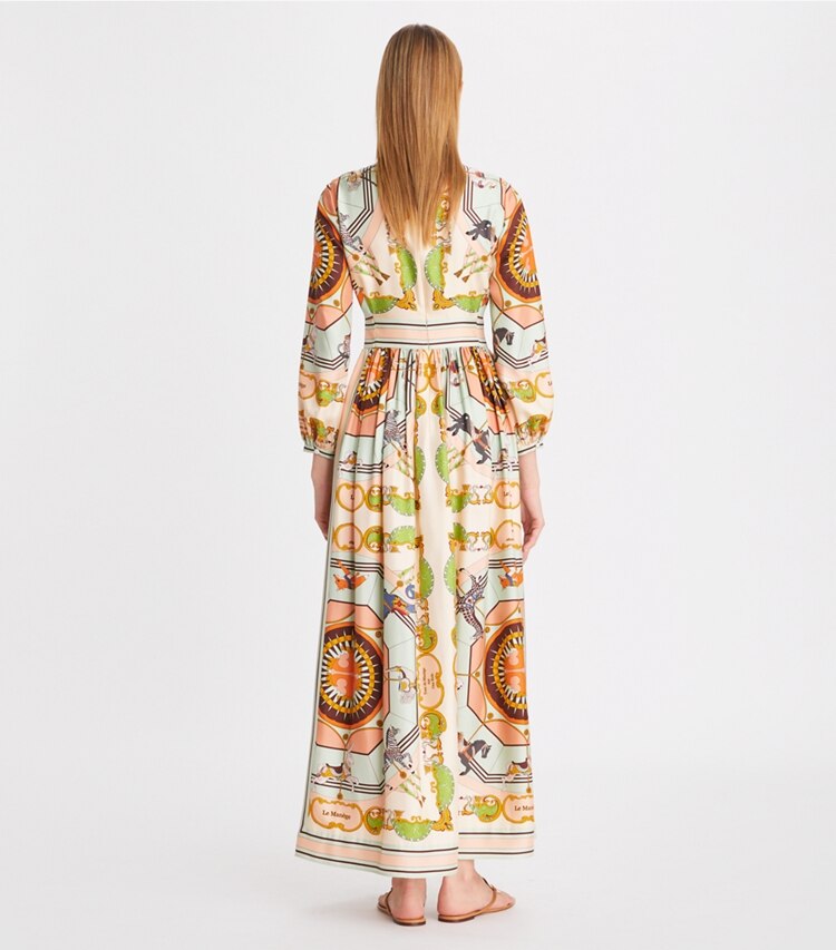 Tory Burch designer dresses Printed Silk Dress in Peach Multi on model back