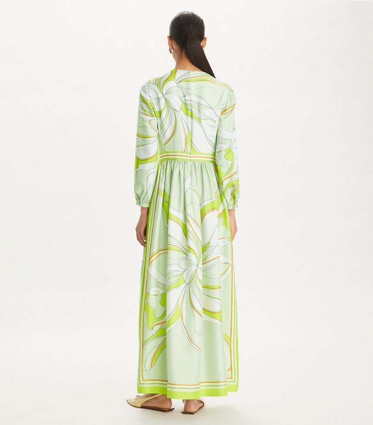 Tory Burch designer dresses Printed Silk Dress in Chartreuse Twisty Flower on model back