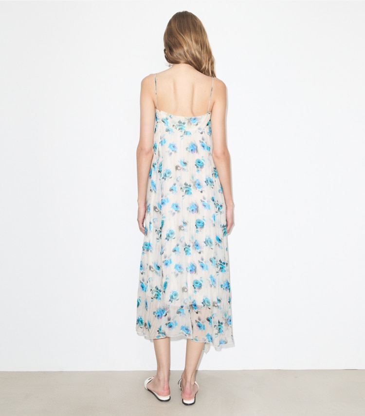 Tory Burch designer dresses Printed Silk Dress in Blue Roses on model back