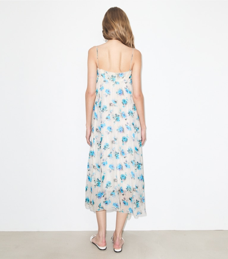 Tory Burch designer dresses Printed Silk Dress in Blue Roses on model back