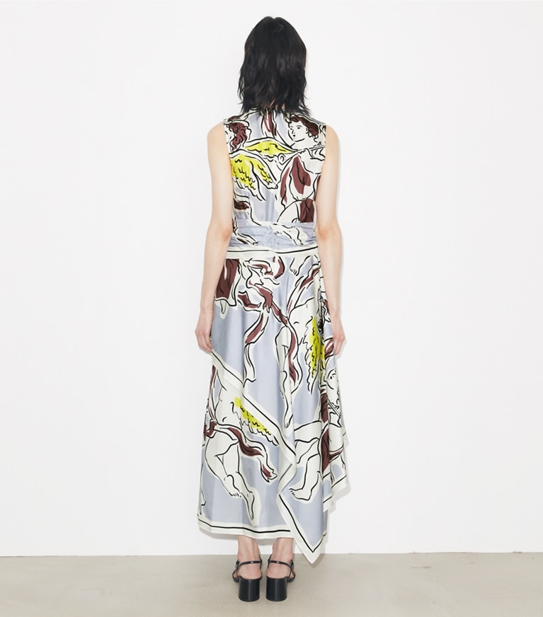 Tory Burch designer dresses Printed Silk Dress in Lilac Cherubs on model back