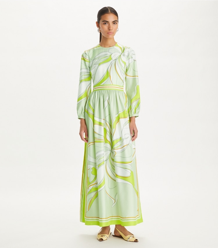 Tory Burch designer dresses Printed Silk Dress in Chartreuse Twisty Flower on model front