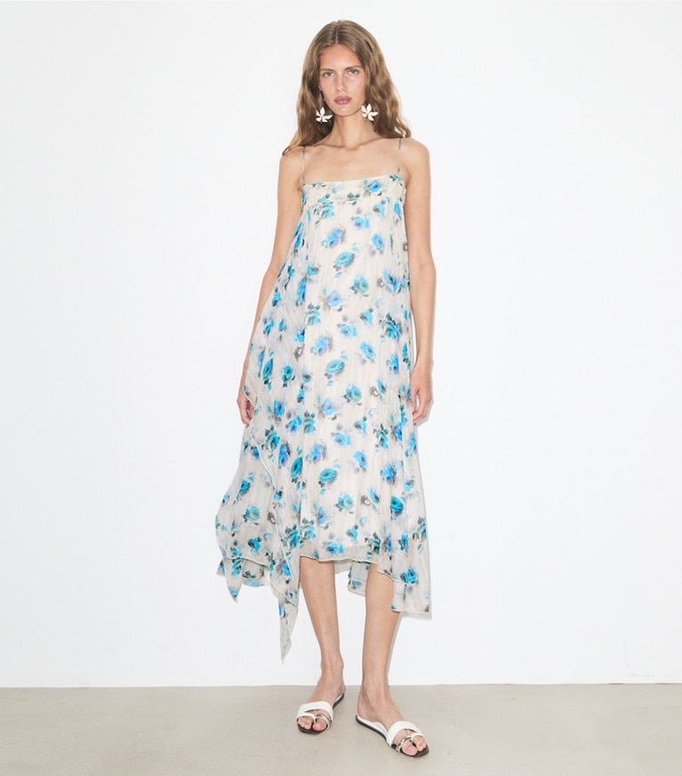 Tory Burch designer dresses Printed Silk Dress in Blue Roses on model front