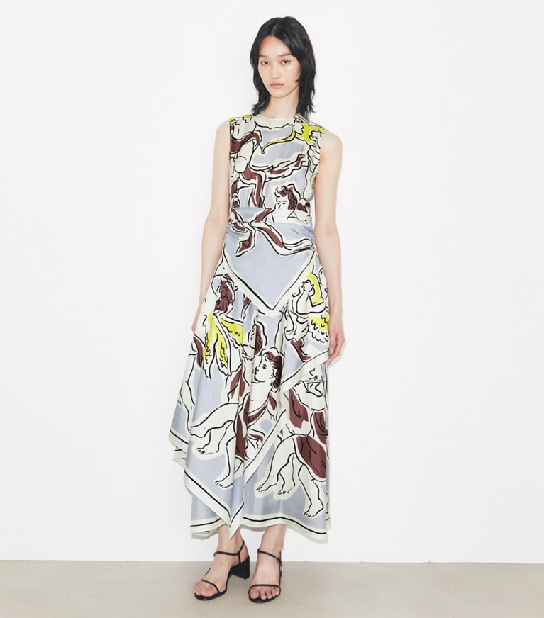 Tory Burch designer dresses Printed Silk Dress in Lilac Cherubs on model front