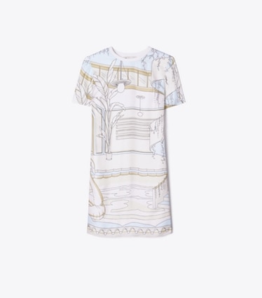 Tory Burch designer dresses Printed Silk Front T-Shirt Dress in Neutral Pool front