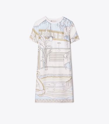 Tory Burch designer ワンピース プリント シルクフロント Tシャツドレス in The Pool Biege front