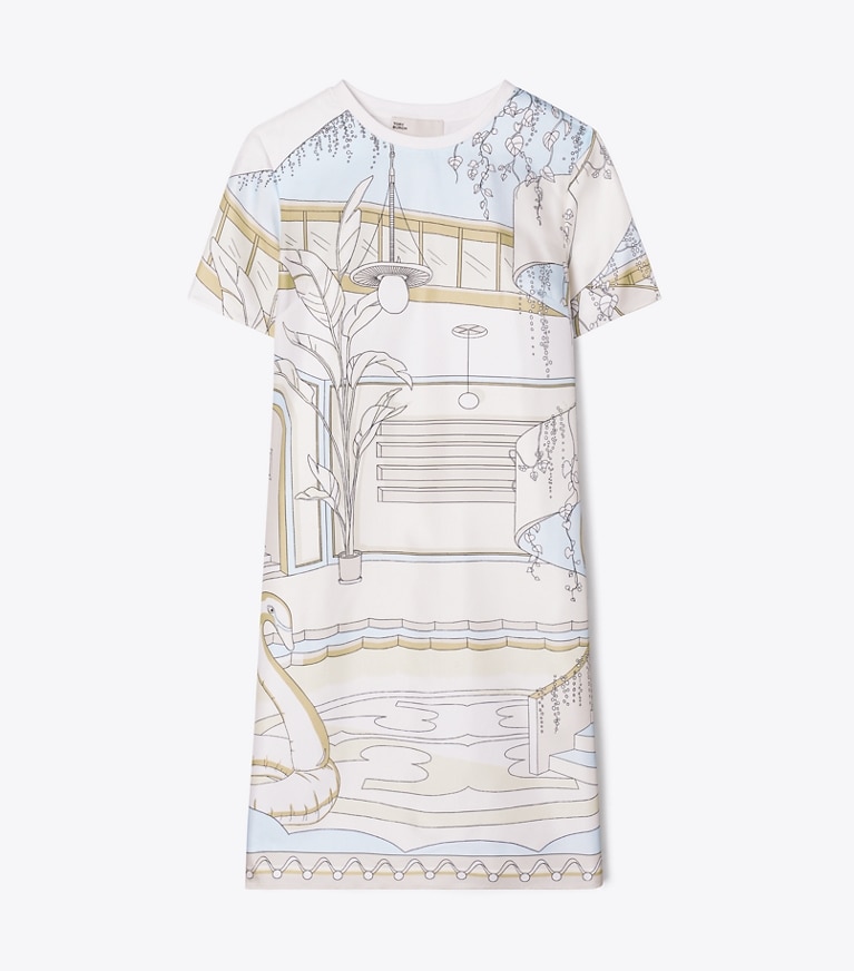 Tory Burch designer ワンピース プリント シルクフロント Tシャツドレス in The Pool Biege front
