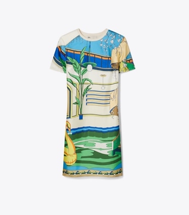 Tory Burch designer ワンピース プリント シルクフロント Tシャツドレス in The Pool Blue front