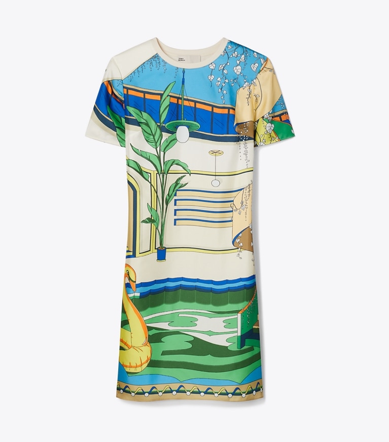 Tory Burch designer ワンピース プリント シルクフロント Tシャツドレス in The Pool Blue front
