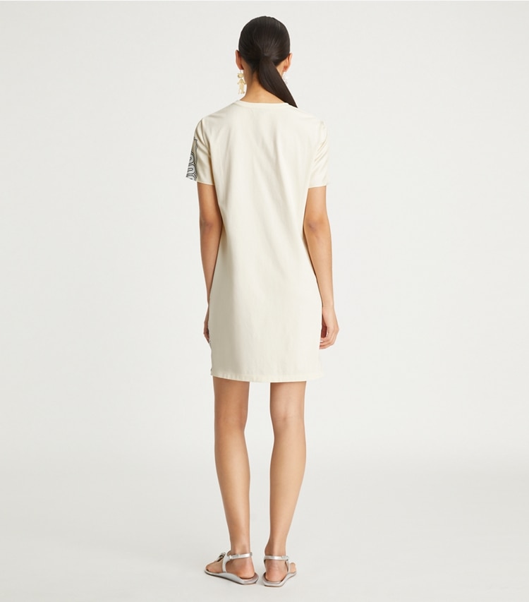 Tory Burch designer dresses Printed Silk Front T-Shirt Dress in Blue Zebra Scarf on model back