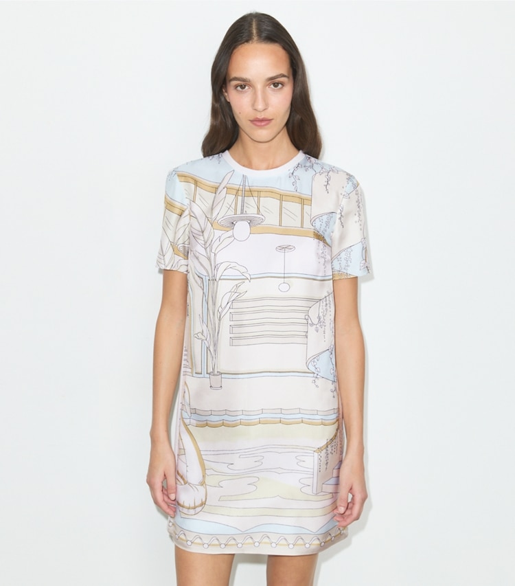 Tory Burch designer dresses Printed Silk Front T-Shirt Dress in Neutral Pool on model detail