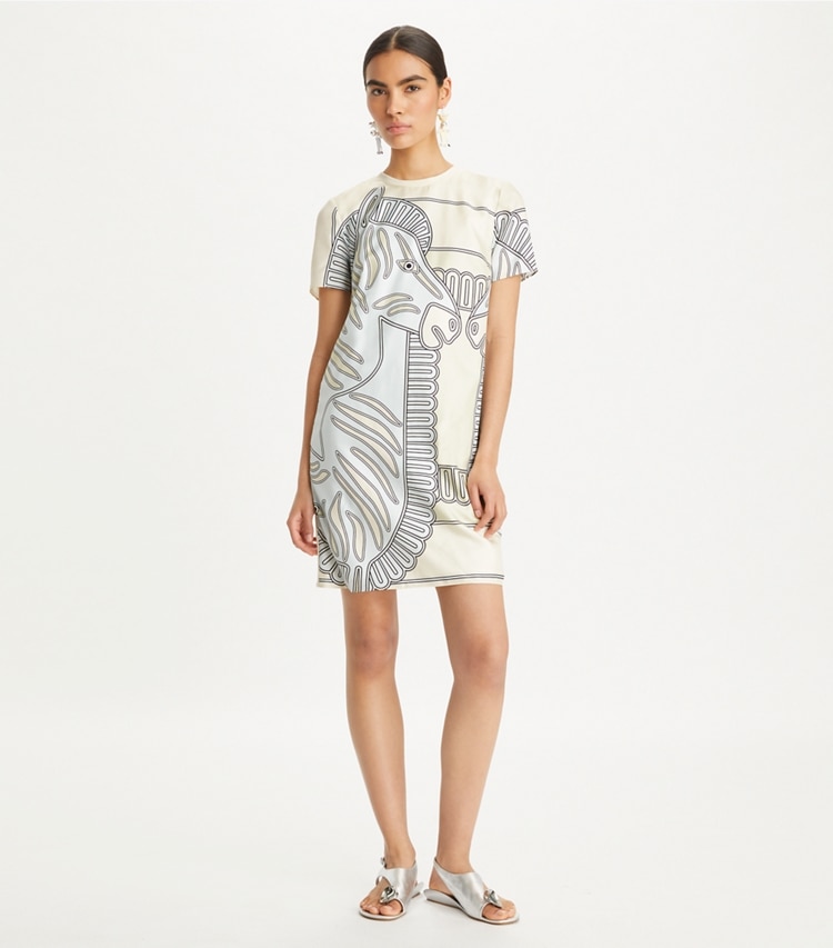 Tory Burch designer dresses Printed Silk Front T-Shirt Dress in Blue Zebra Scarf on model front