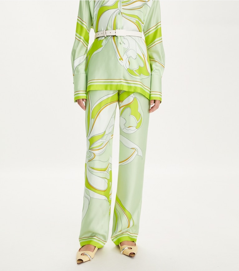 Tory Burch designer bottoms Printed Silk Pant in Chartreuse Twisty Flower front