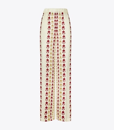 Tory Burch designer bottoms Printed Silk Pants in Neutral Flower Stripe front