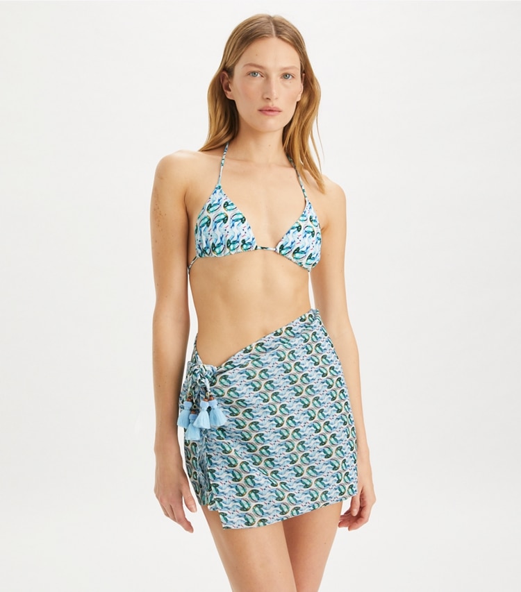 Tory Burch designer coverups Printed Silk Pareo in Blue Glass Swan Allover on model detail