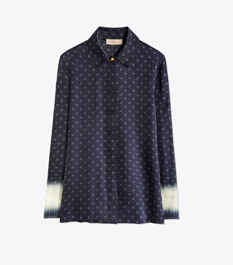 Tory Burch designer tops Printed Silk Satin Shirt in Shibori Dip Dye front
