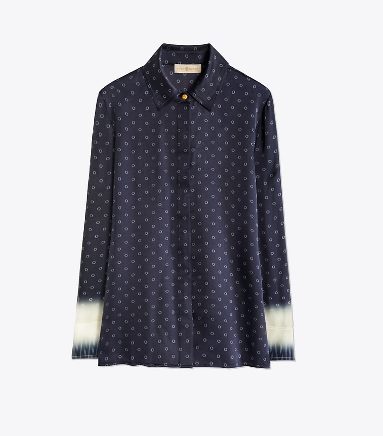 Tory Burch designer tops Printed Silk Satin Shirt in Shibori Dip Dye front