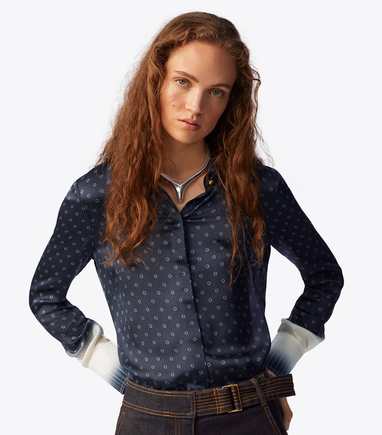 Tory Burch designer tops Printed Silk Satin Shirt in Shibori Dip Dye on model detail