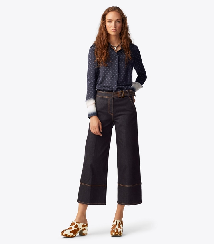 Tory Burch designer tops Printed Silk Satin Shirt in Shibori Dip Dye on model front