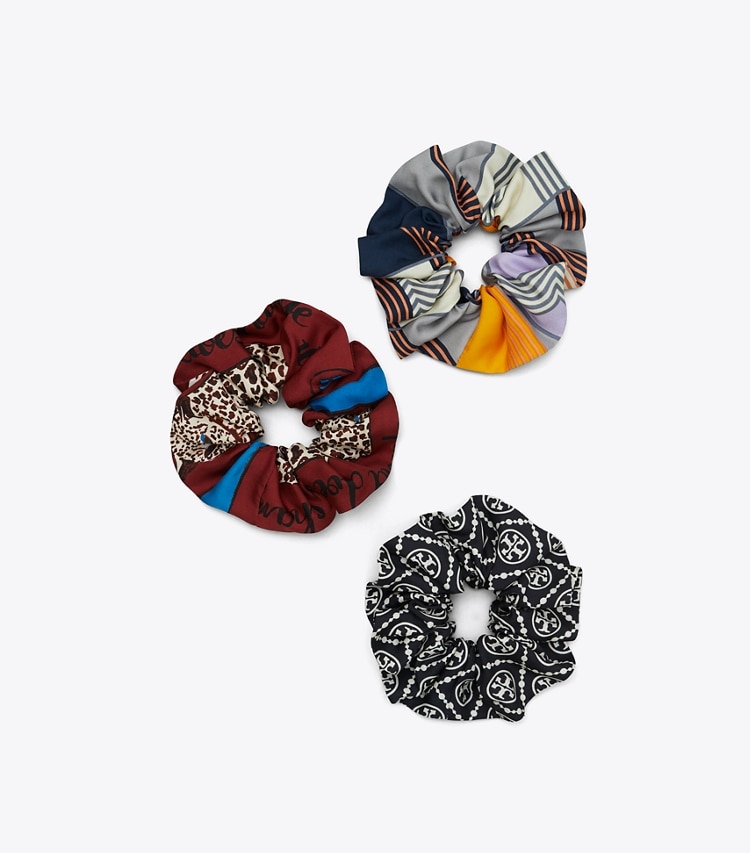 Tory Burch designer hair pins Printed Silk Scrunchies, Set Of 3 in Blue Multi / Multi front