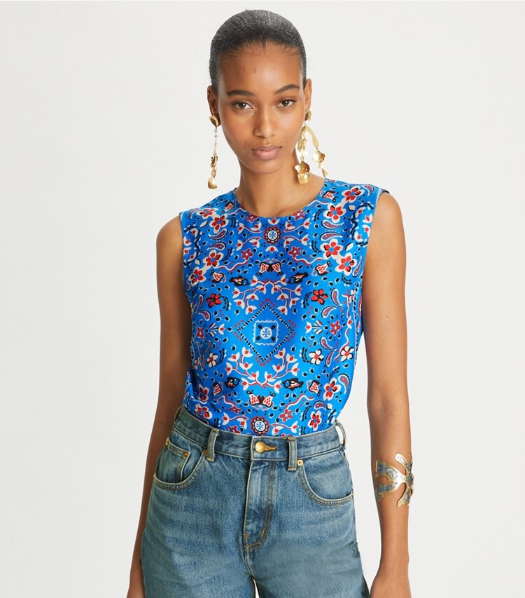Tory Burch designer tops Printed Silk Shell in Cobalt Blue Pisces Dream on model detail