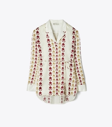 Tory Burch designer tops Printed Silk Shirt in Neutral Flower Stripe front