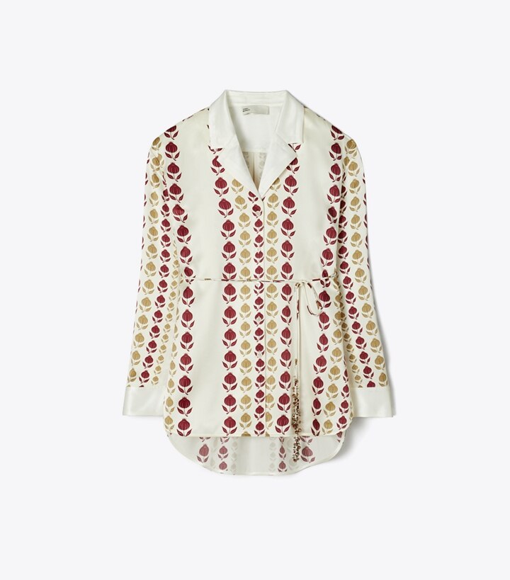 Tory Burch designer tops Printed Silk Shirt in Neutral Flower Stripe front