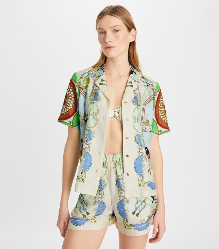 Tory Burch designer tops Printed Silk Shirt in Blue Multi front