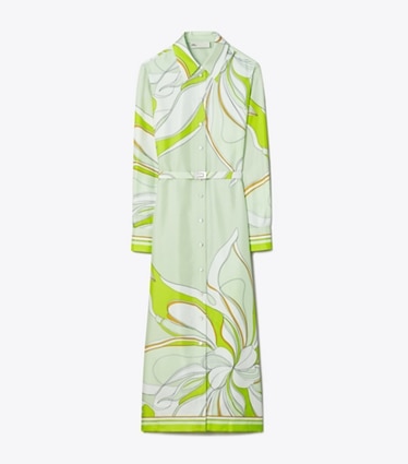 Tory Burch designer dresses Printed Silk Shirtdress in Chartreuse Twisty Flower front