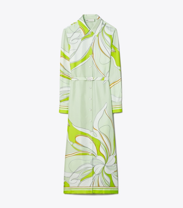 Tory Burch designer dresses Printed Silk Shirtdress in Chartreuse Twisty Flower front